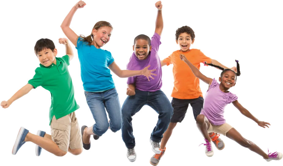 Group of five kids jumping in the air